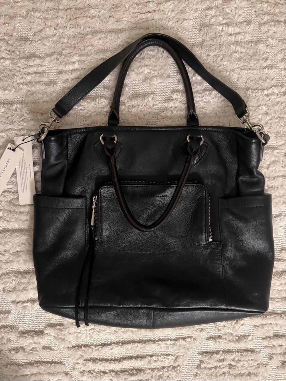 Aimee Kestenberg NYT Black Leather Convertible Tote with Front Zip Pocket
